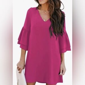 Belongsci Sweet & Cute Summer V-neck BellSleeve Shift Dress. Pink. SM. NWOT